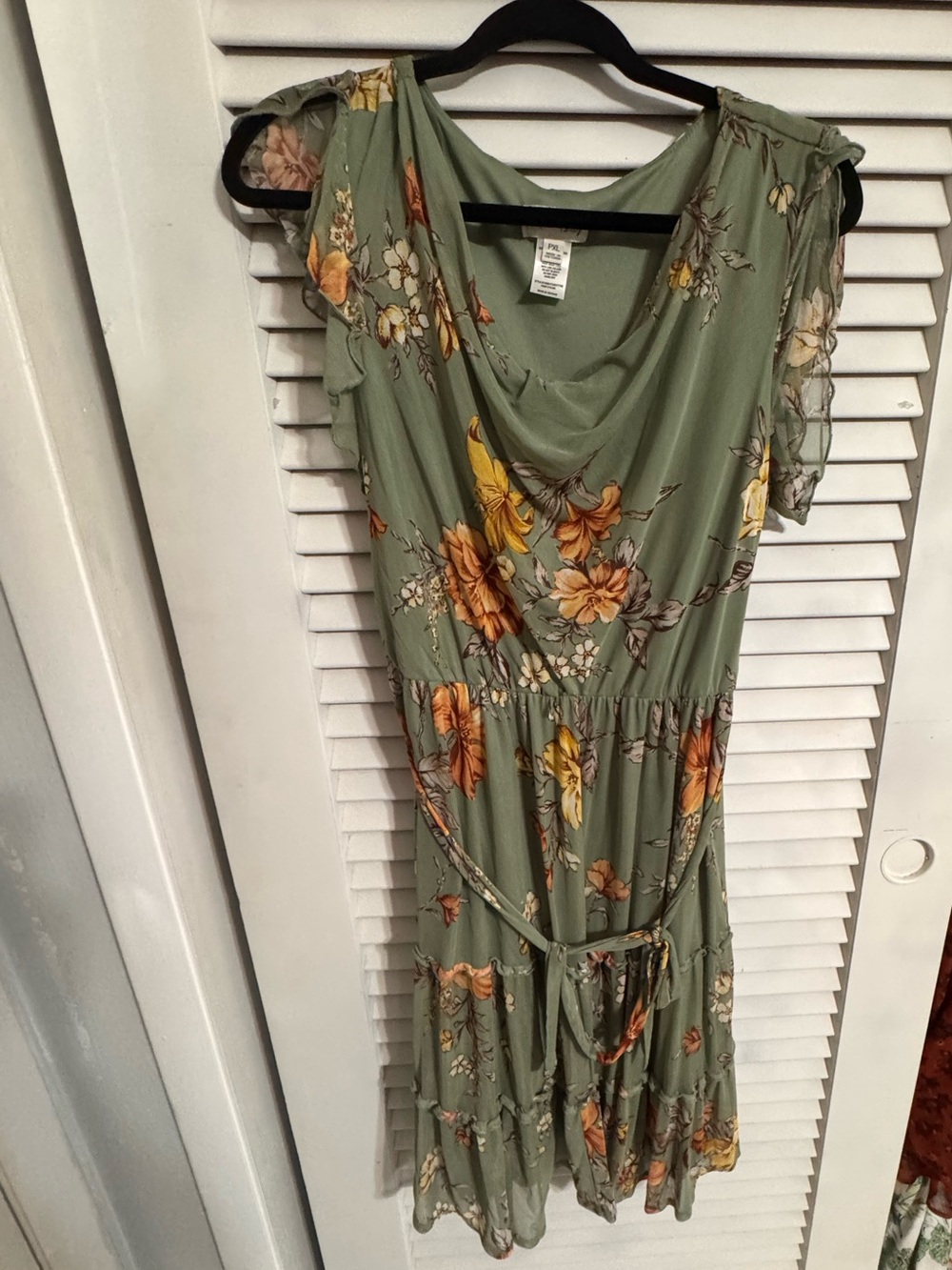 Sage Green Floral Midi Dress with Tie Waist